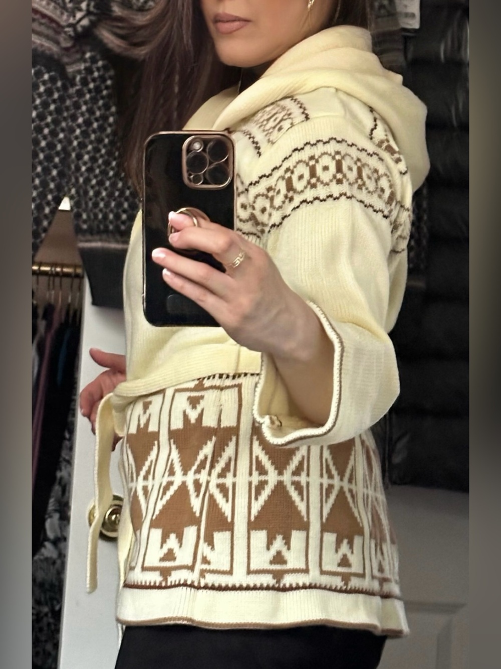 Vintage Barbra Sue Ivory & Tan Patterned Knit Hoodie Cardigan Sz Small